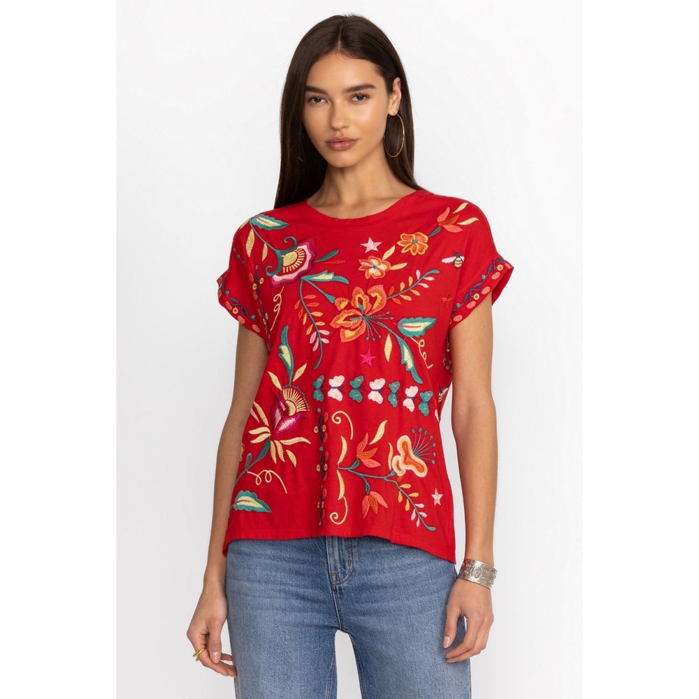 Johnny Was Red Embroidered Floral Butterfly Bee Cotton Tee Shirt Small
